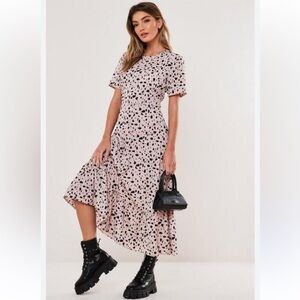 Blush Dalmatian Print Tiered Hem Midi Dress, Pink From Missguided size 8